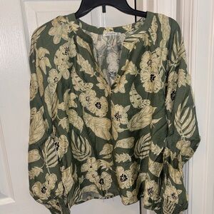 Staccato Olive Green Floral Split-Neck Blouse